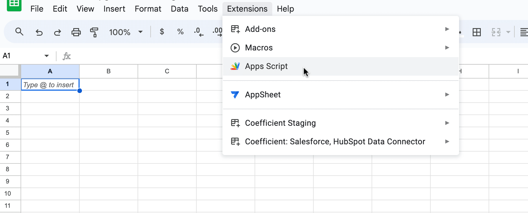 Accessing the Apps Script editor from the Google Sheets Extensions menu
