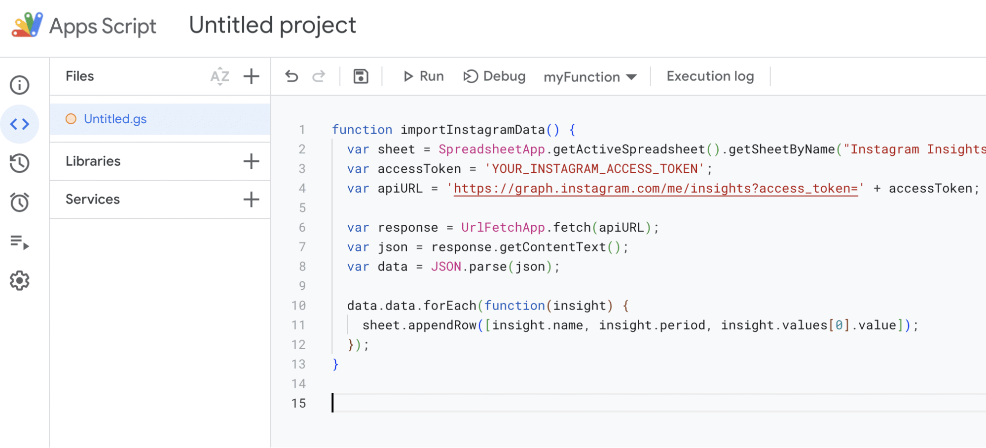 Running the custom script in Google Sheets Apps Script editor for Instagram data import.