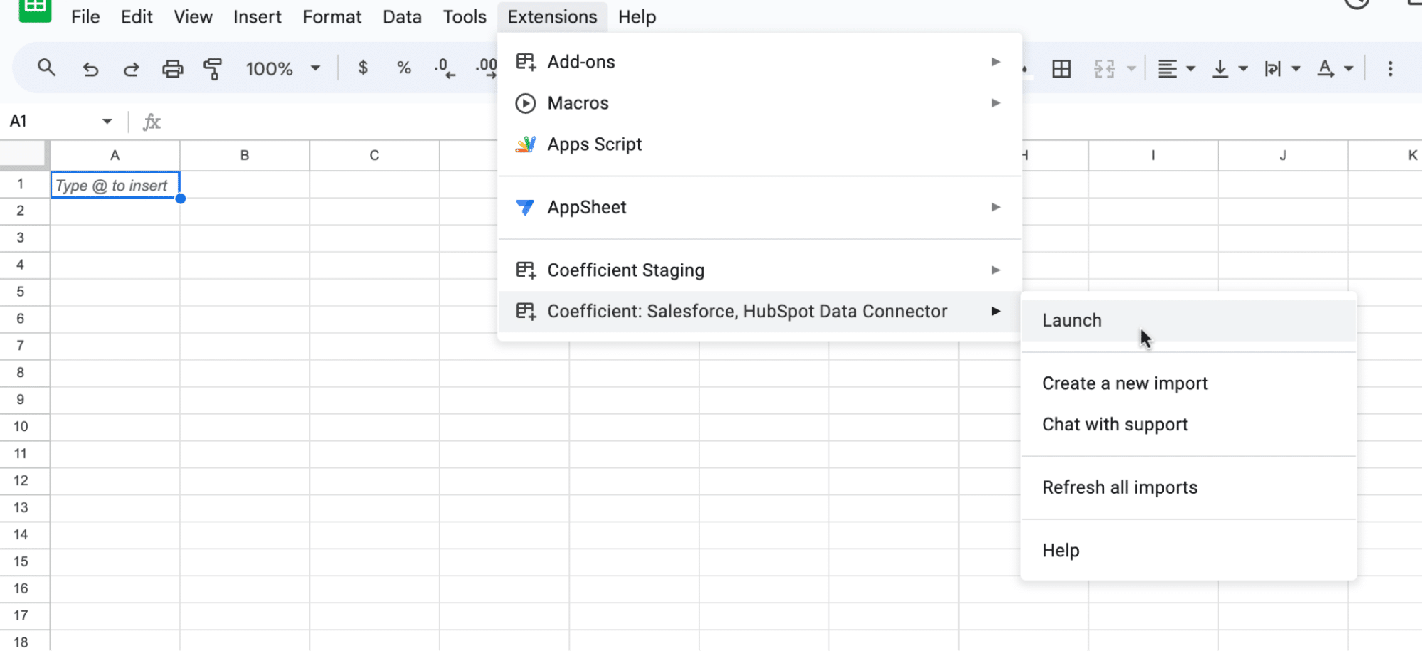 Launching the Coefficient extension from the Google Sheets menu.
