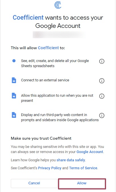 Prompt confirming the installation of Coefficient in Google Sheets