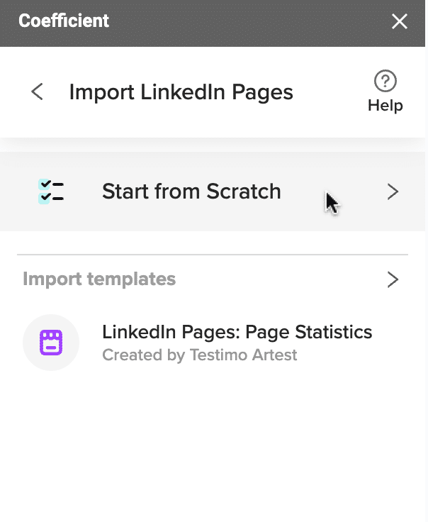 Selecting Start from Scratch in Coefficient for LinkedIn data import