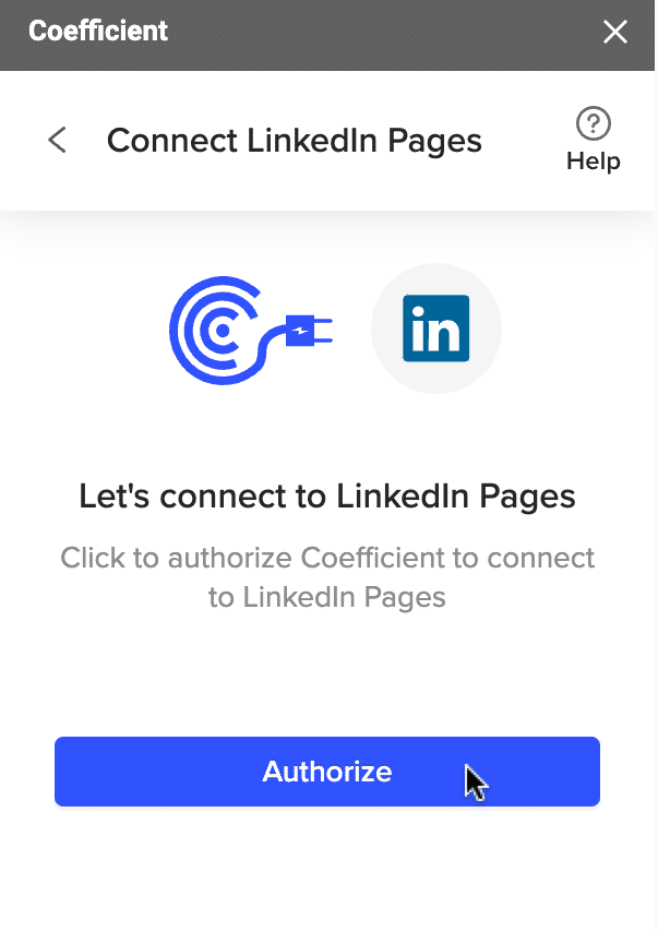 Authorization prompt for LinkedIn Ads account in Coefficient