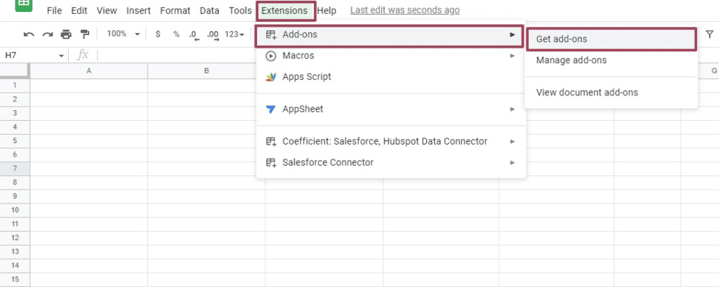 Navigating to Get Add-ons in Google Sheets for Coefficient installation
