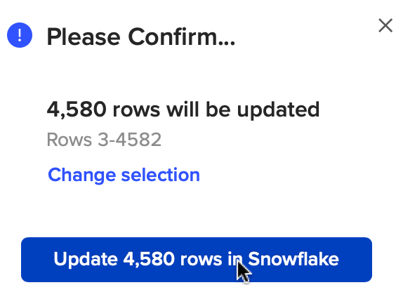 Final confirmation button in Coefficient for Snowflake data push