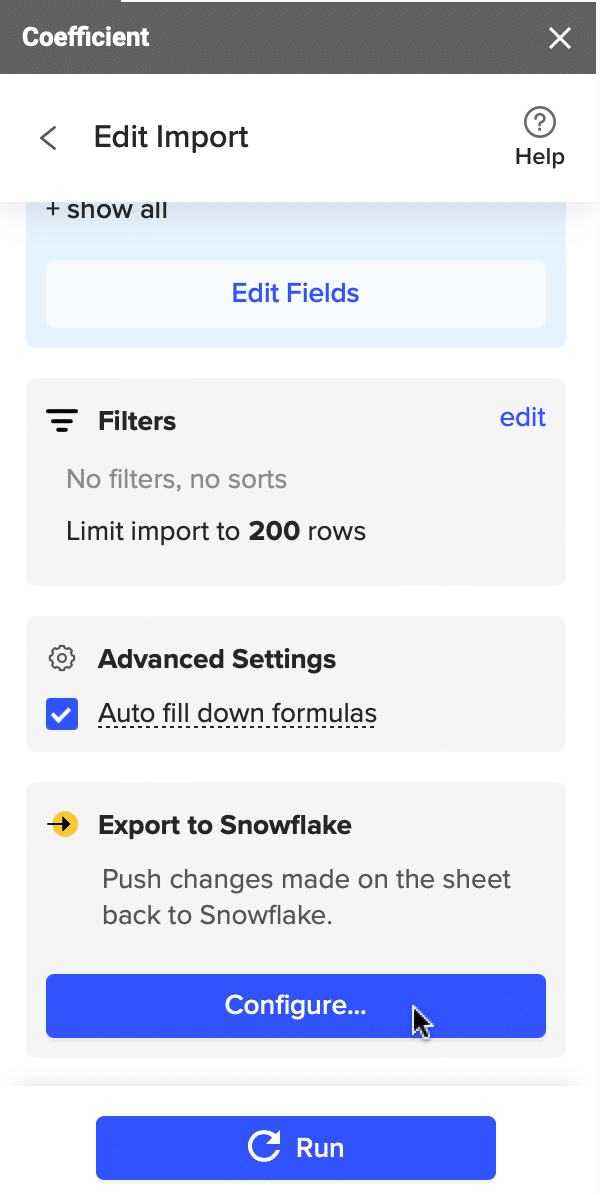 Configuring export settings in Coefficient for Snowflake update