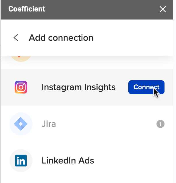 Choosing Instagram Insights as a data source in Coefficient