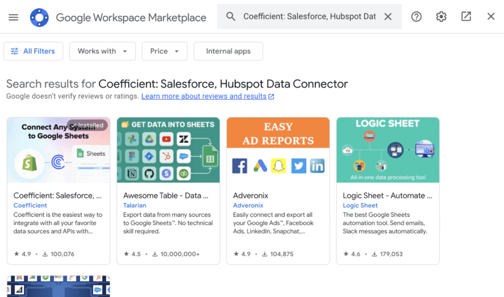 Searching for Coefficient in the Google Workspace Marketplace