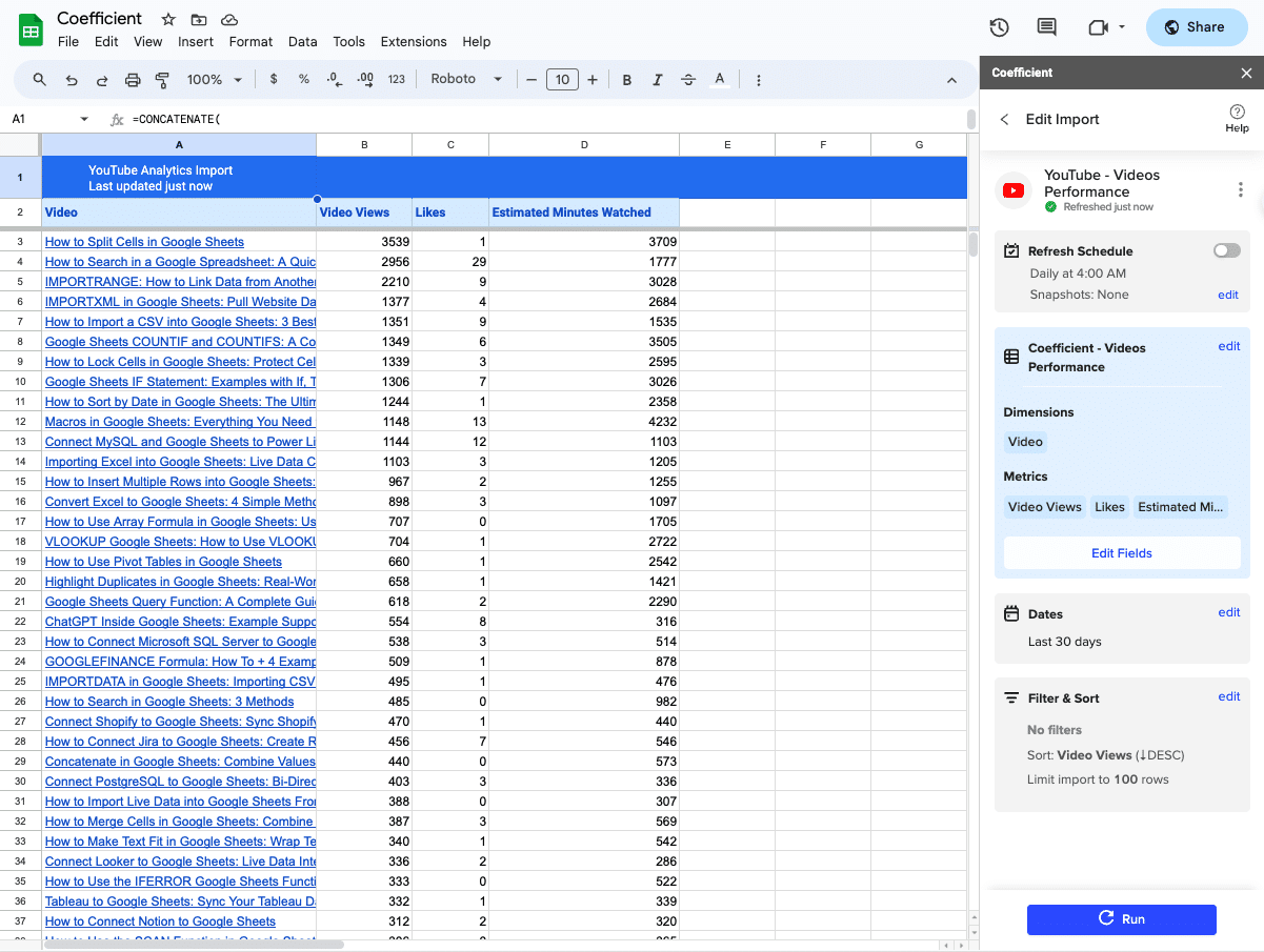 viewing coefficient YouTube Analytics export in Google Sheets