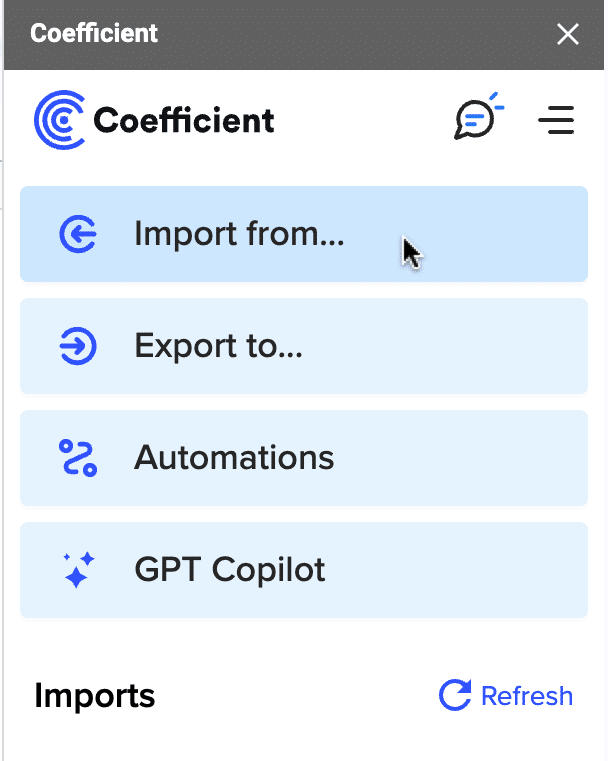 Selecting the 'Import from…' option in Coefficient for Google Sheets.