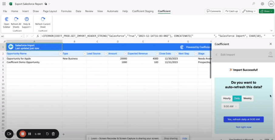 Salesforce Report Automatically Displayed in Excel via Coefficient