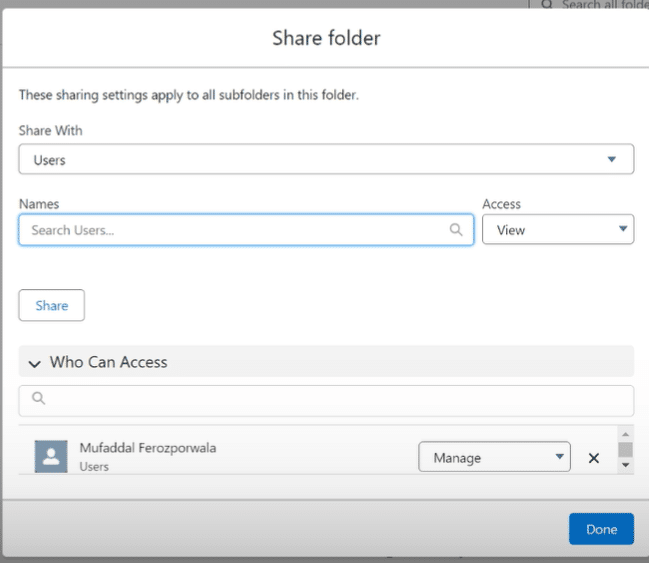 Assigning folder access to specific roles or users in Salesforce.