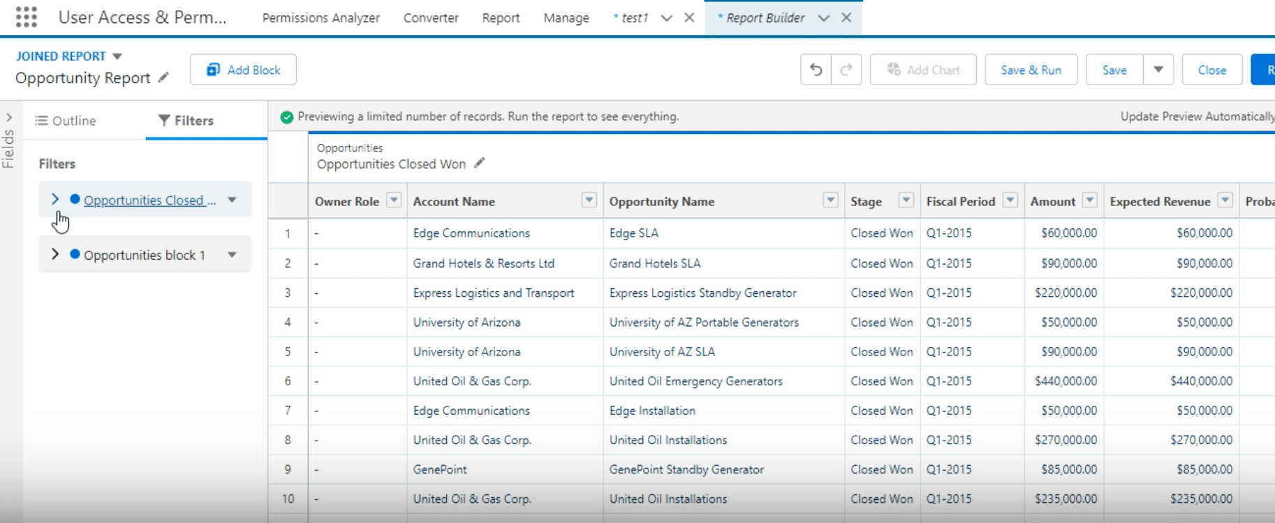 Viewing combined Salesforce reports side by side