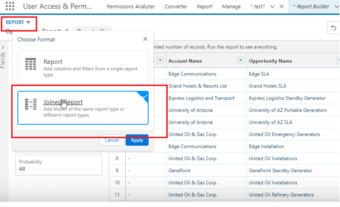 Selecting the join report option in Salesforce