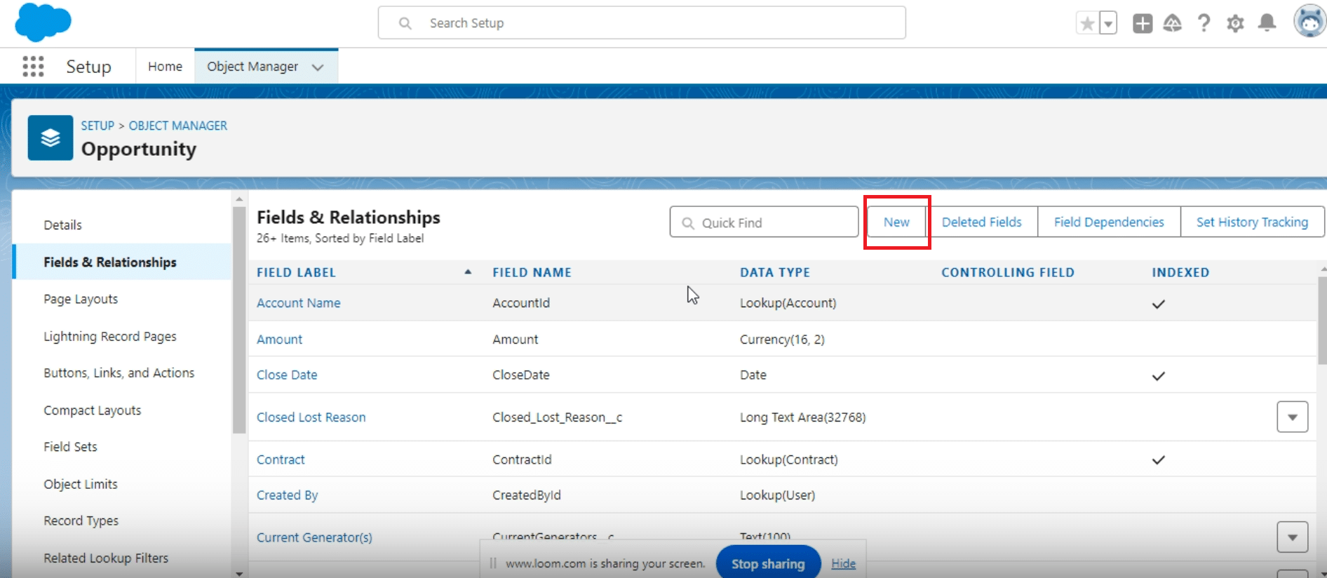 Opening the Fields & Relationships section in the Opportunity object setup