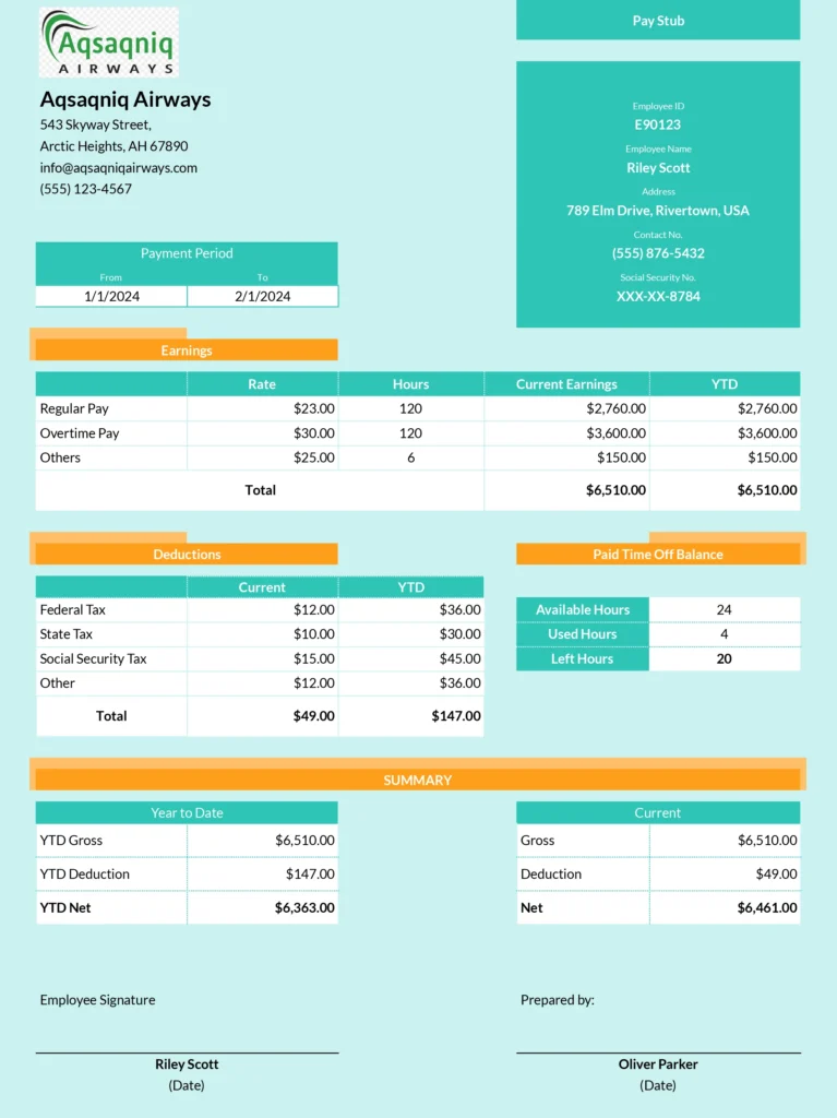 Pay stub template with PTO and overtime