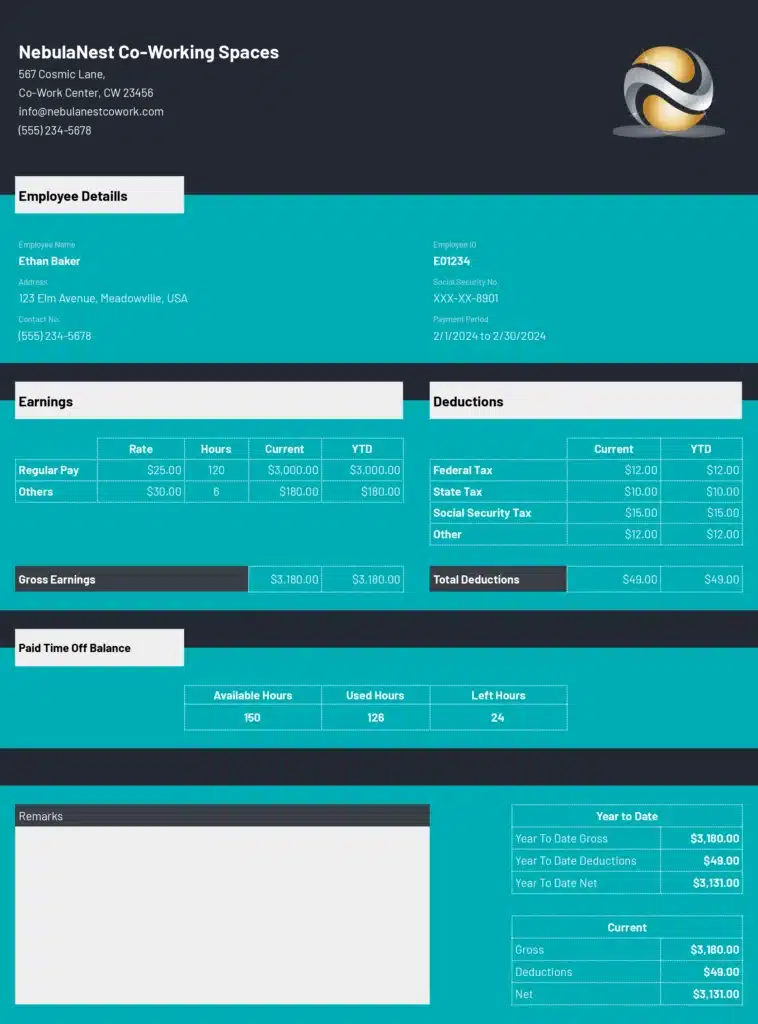 Pay stub template with pto