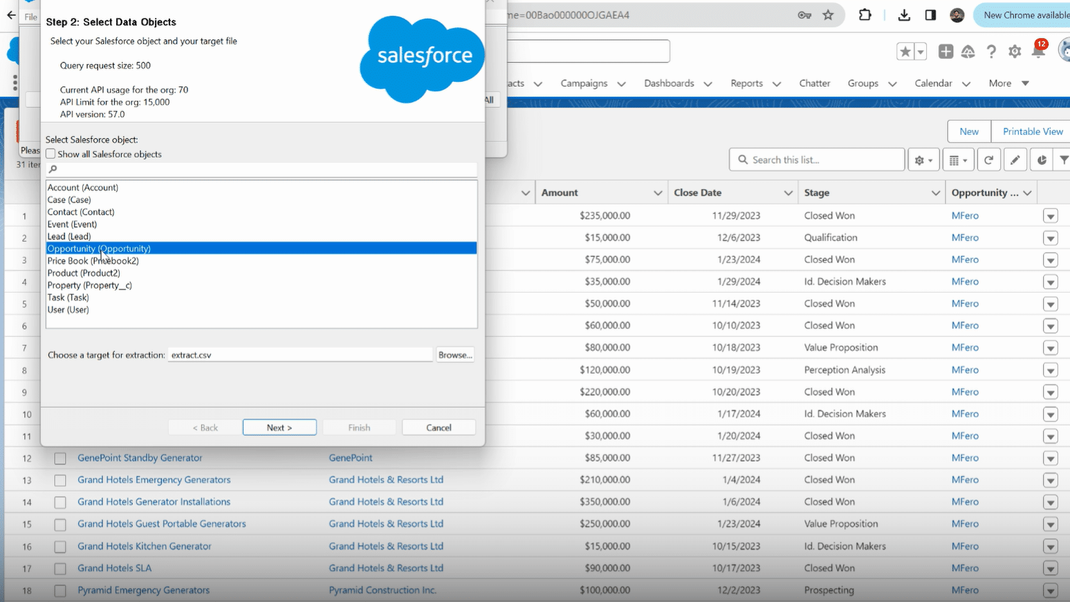 Selecting the Opportunity object in Salesforce Data Loader