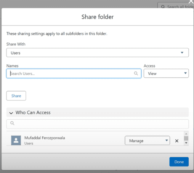 Configuring access permissions for a Salesforce report folder.