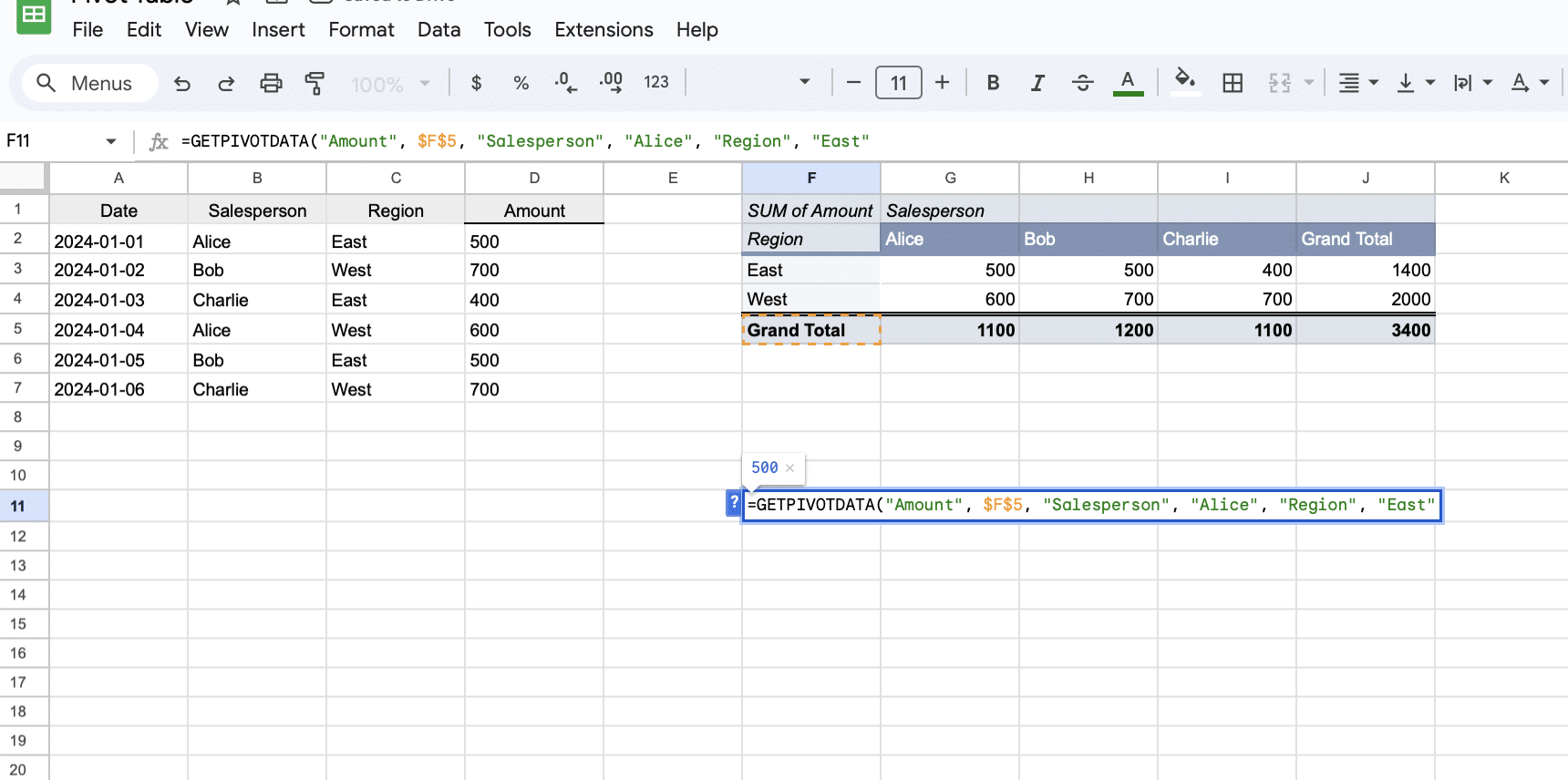To use the GetPivotData functionality, start with the function name, followed by the data_field (e.g., "total sales"), a pivot table cell reference, and additional criteria example.