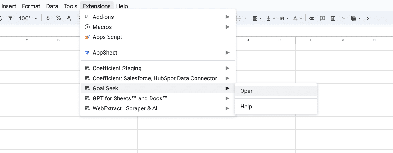 Accessing the Goal Seek feature in Google Sheets via the Extensions menu.