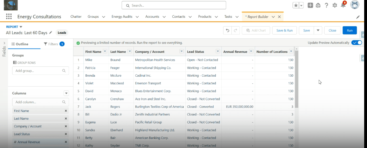 Opening Salesforce dashboard and navigating to Reports