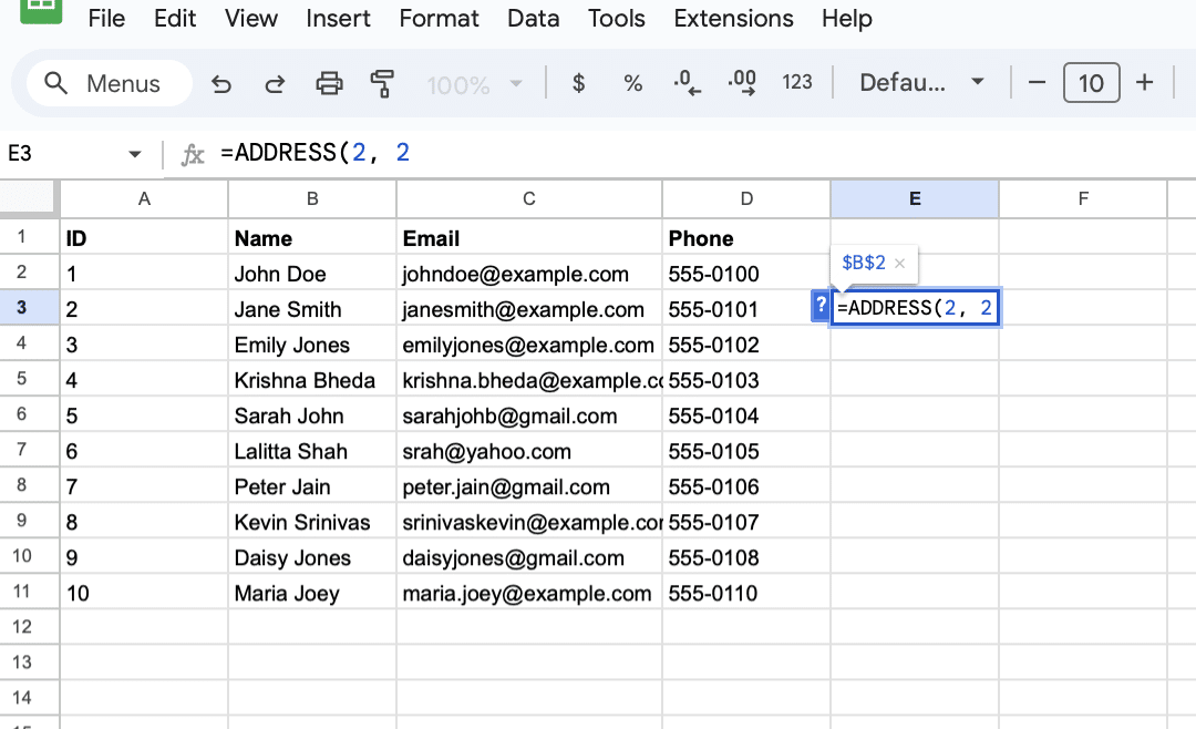 A quick guide on how to use the ADDRESS function in Google Sheets, showcasing its application in cell management.