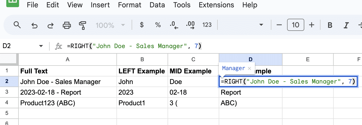 Applying extraction formulas to adjacent cells in Google Sheets by dragging the fill handle