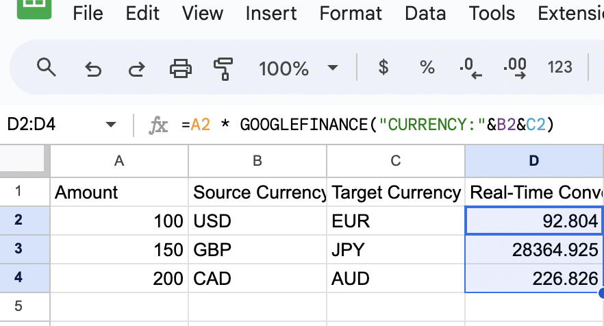 Applying the GOOGLEFINANCE function for currency conversion to multiple cells by dragging the fill handle in Google Sheets.