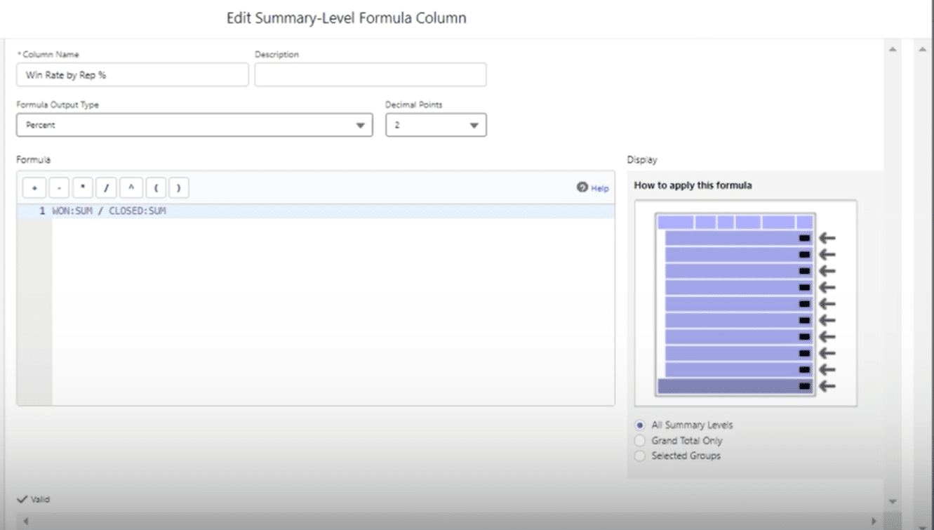 Configuration screen showing the application of a formula across all summary levels for comprehensive analysis.
