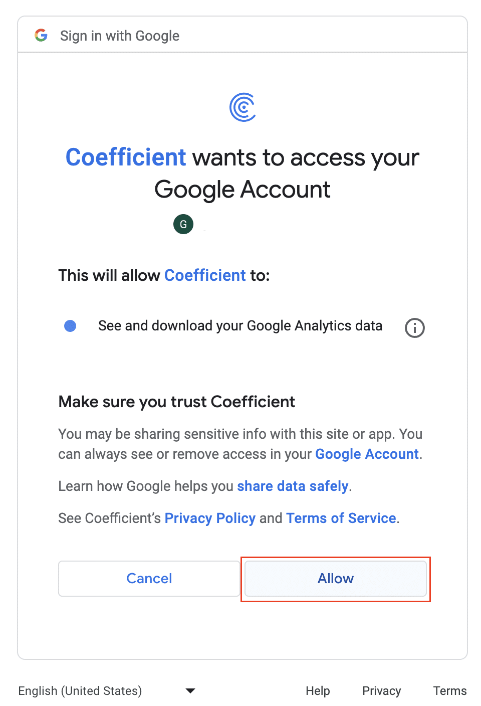 Authorizing Coefficient access to Google Account for GA4 data