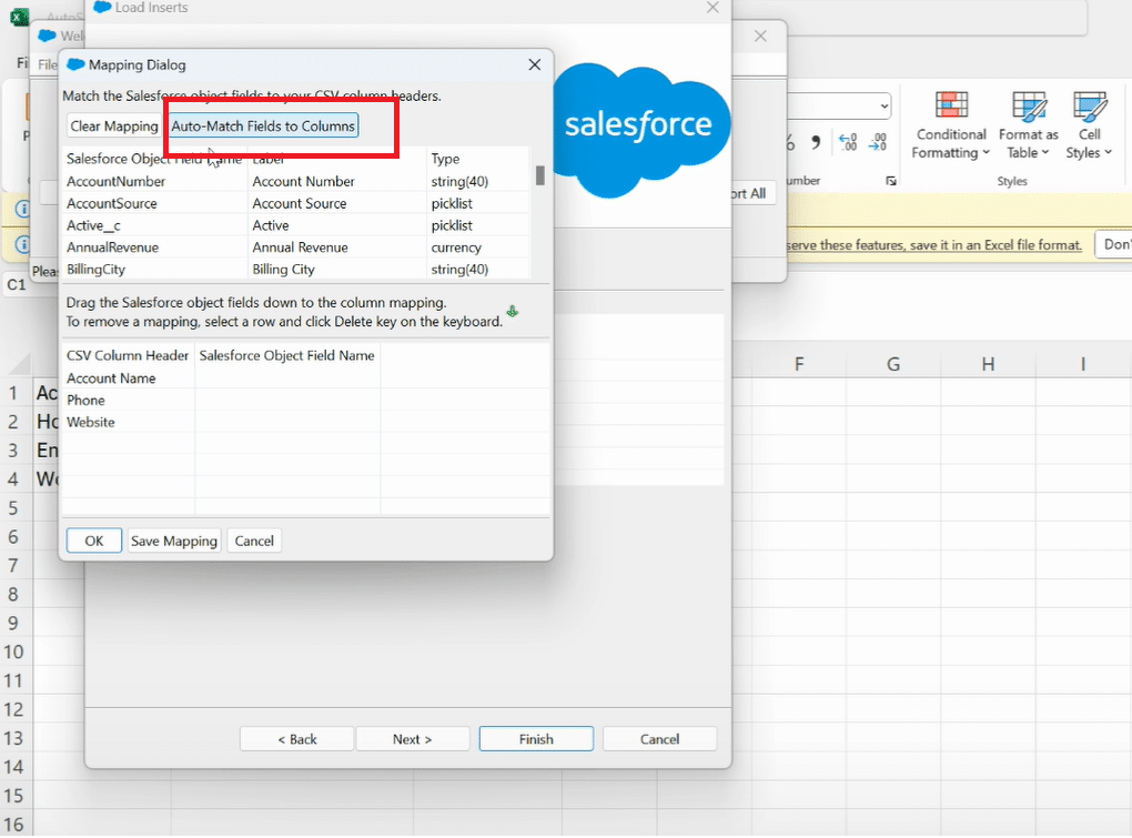 Accessing 'Auto Match Fields to Columns' feature in Salesforce Data Loader to automate data mapping