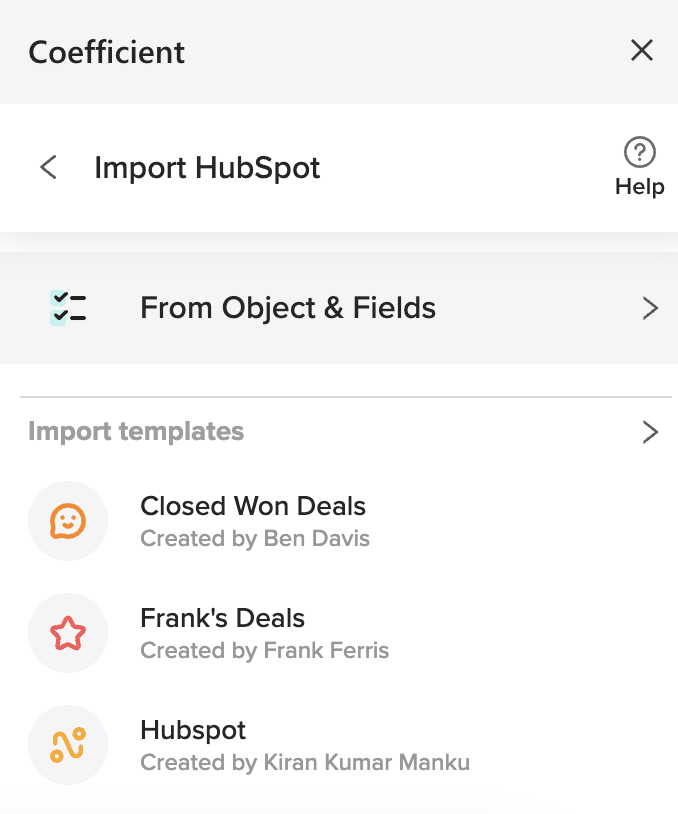 Choosing 'Contacts' for export with Coefficient from HubSpot to Excel
