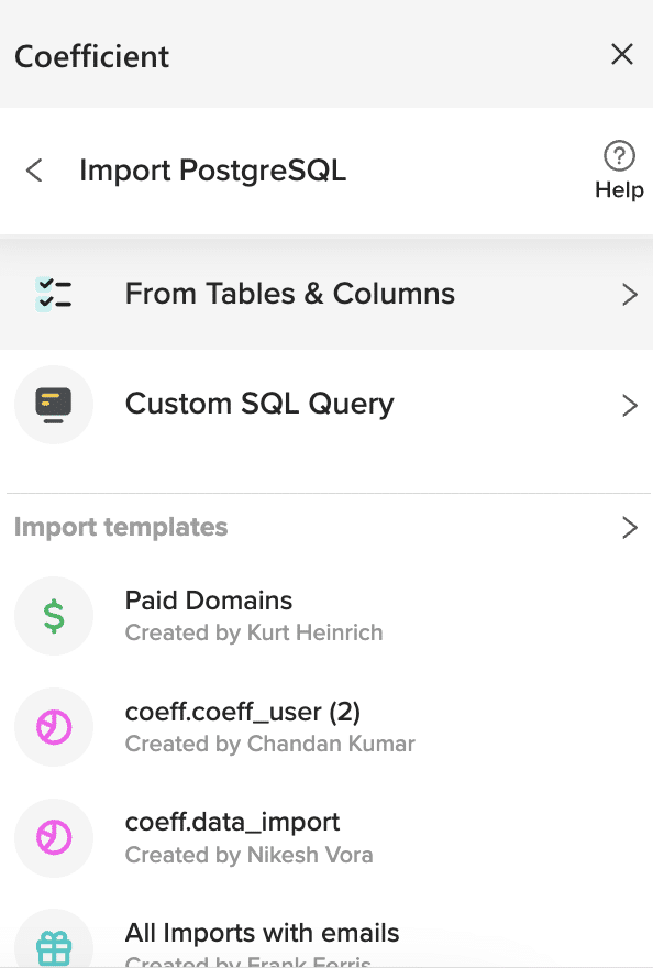 Scrolling down Coefficient's list of data sources to find and select PostgreSQL for data import