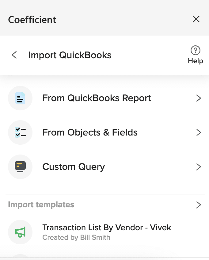 Image depicting the selection of a QuickBooks report from the list available in Coefficient for Excel