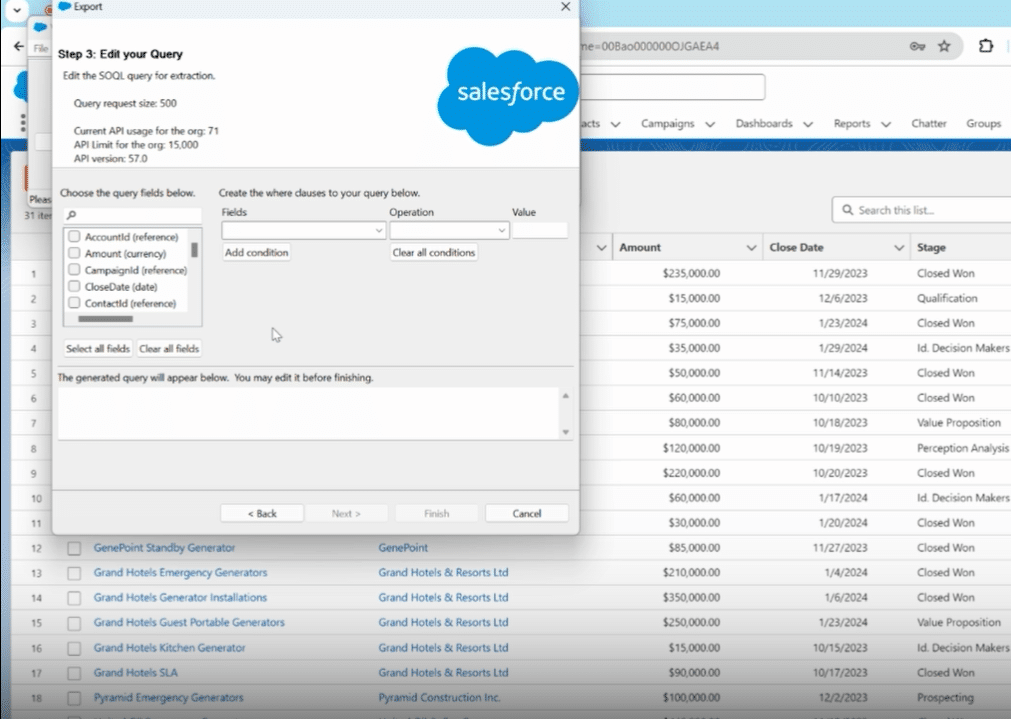 Finalizing the selection and initiating the export process to move opportunity data out of Salesforce.