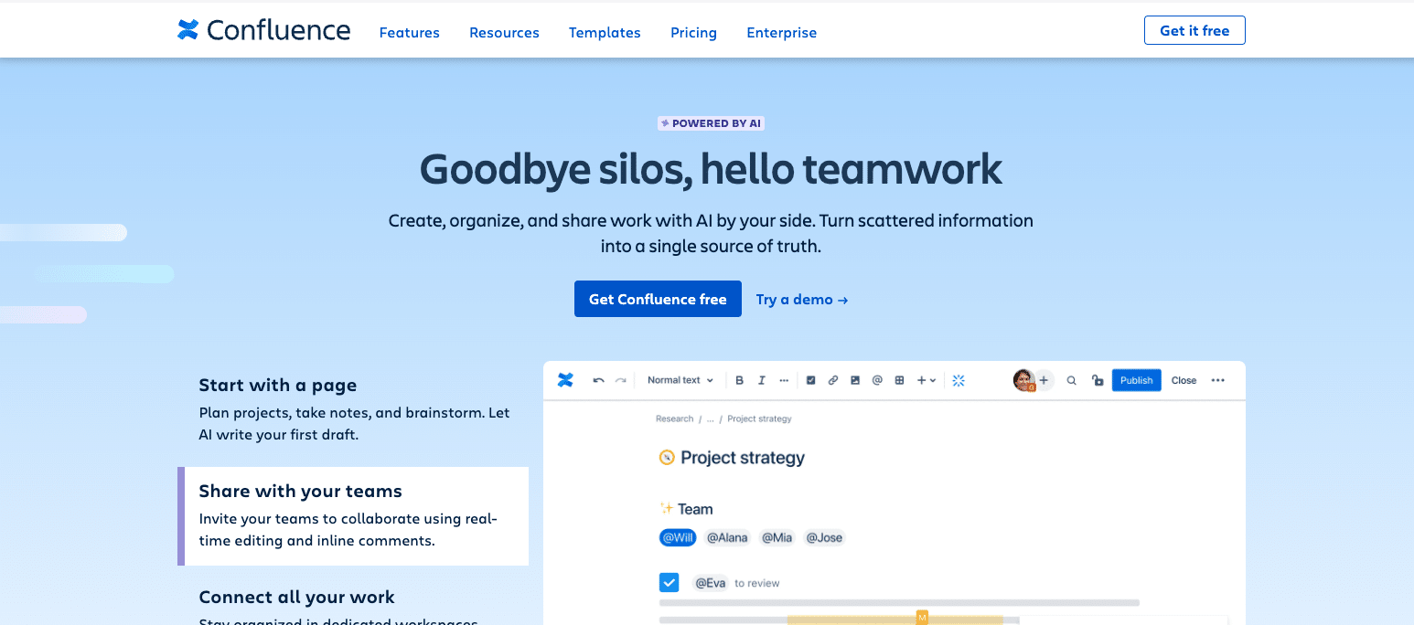 Overview of Confluence's homepage showcasing features for team collaboration and content management.