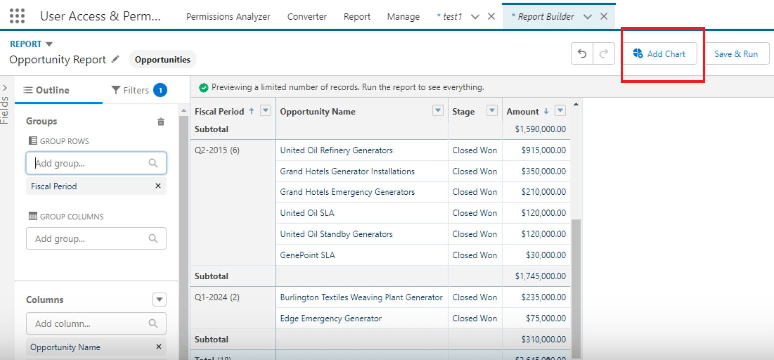 Adding and customizing a chart in a Salesforce report.