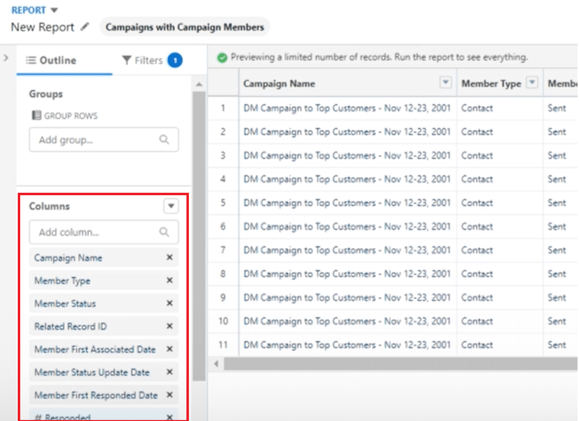 Customization of report columns to include essential data points for campaign member analysis.