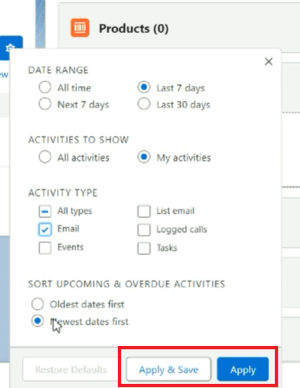 Adjusting date range and communication type filters in Salesforce