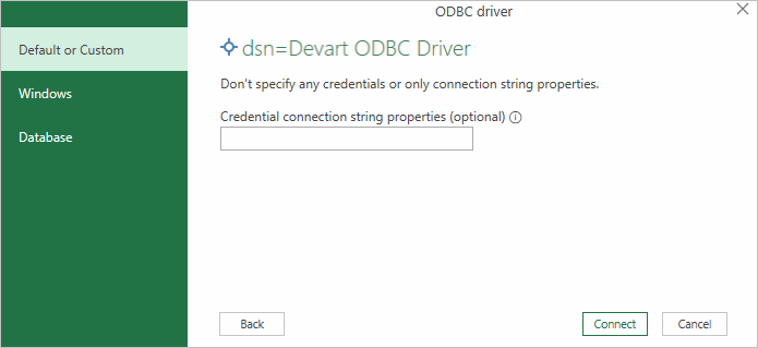 Entering database credentials for Amazon Redshift connection in Excel through ODBC