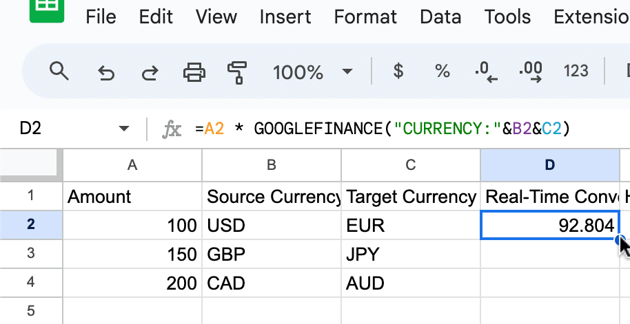 Extending the GOOGLEFINANCE currency conversion formula to adjacent cells in Google Sheets