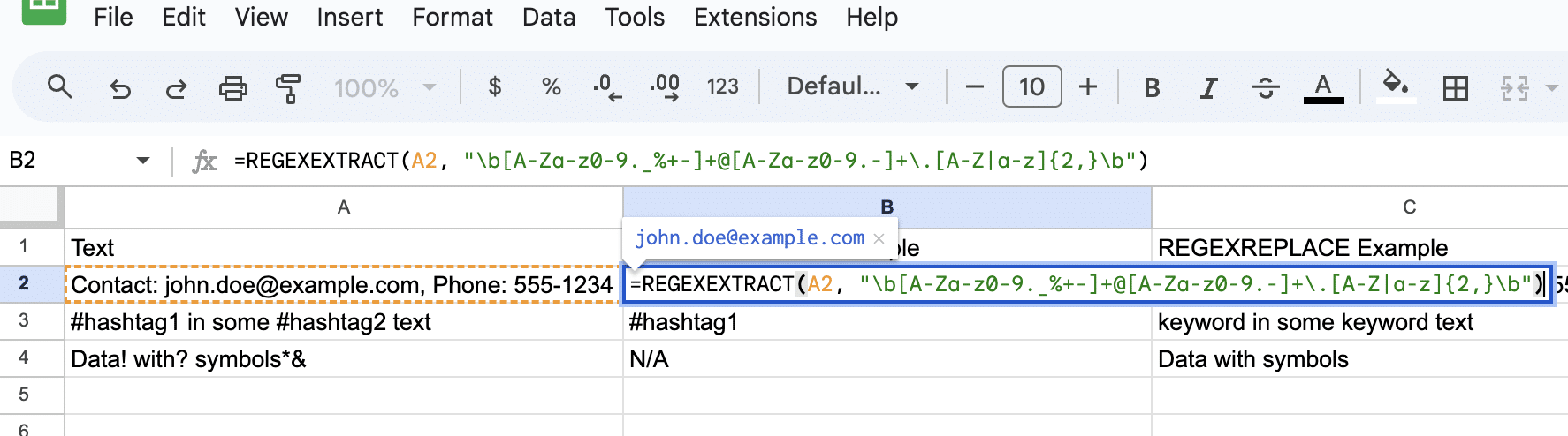Isolating an email address with REGEXEXTRACT in Google Sheets from mixed text