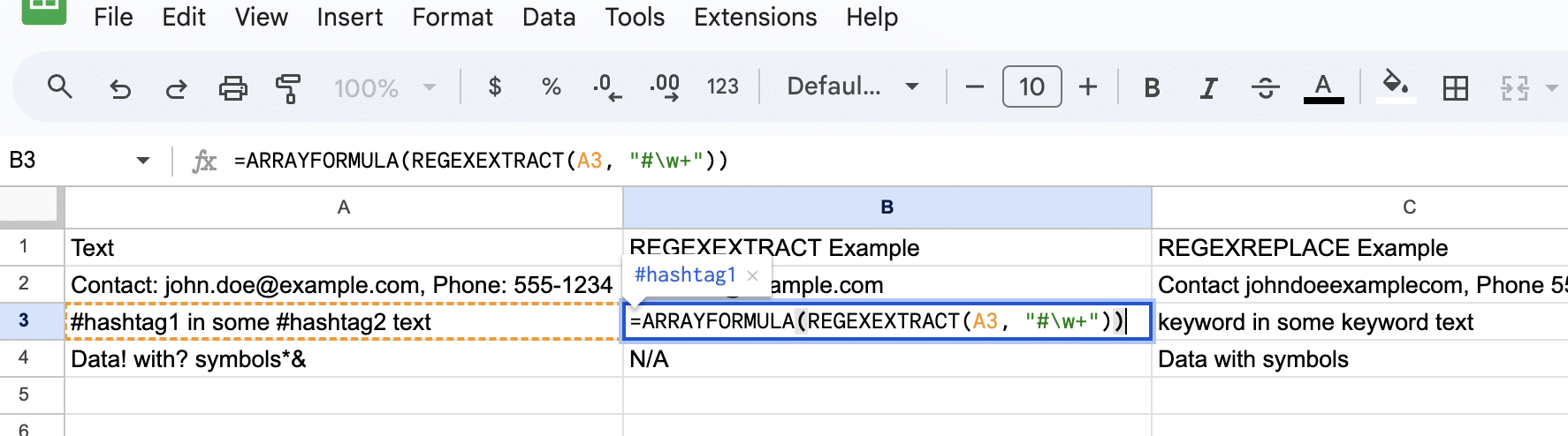 Extracting multiple hashtags from text using ARRAYFORMULA and REGEXEXTRACT in Google Sheets