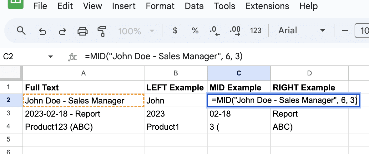 Extracting the title 'Manager' using the RIGHT function in Google Sheets.
