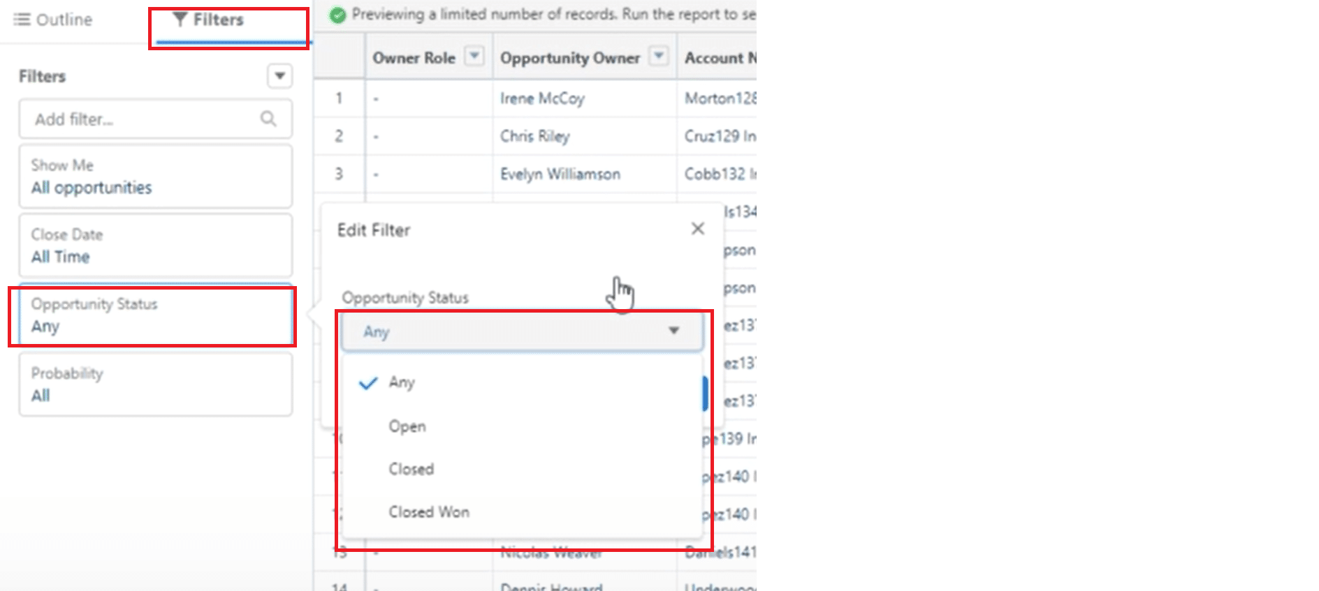 Focusing on closed opportunities by adjusting the time range for precise analysis in the Salesforce report.