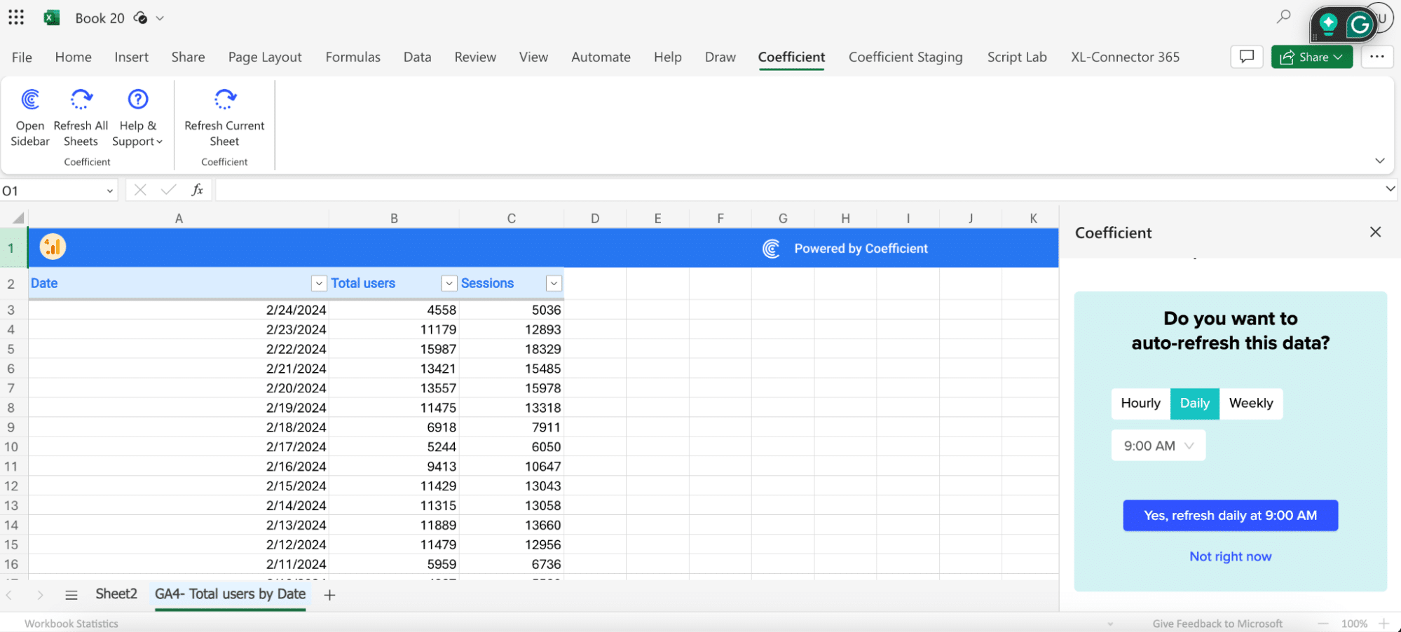Finalizing GA4 data export to Excel with the 'Import' button in Coefficient