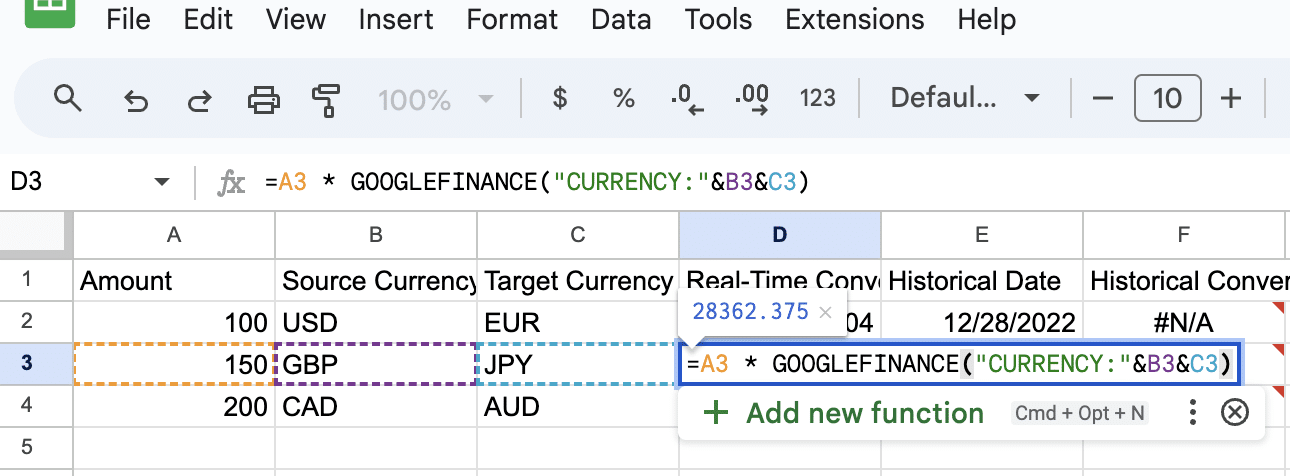 Formula to convert 150 GBP to JPY using GOOGLEFINANCE in Google Sheets.