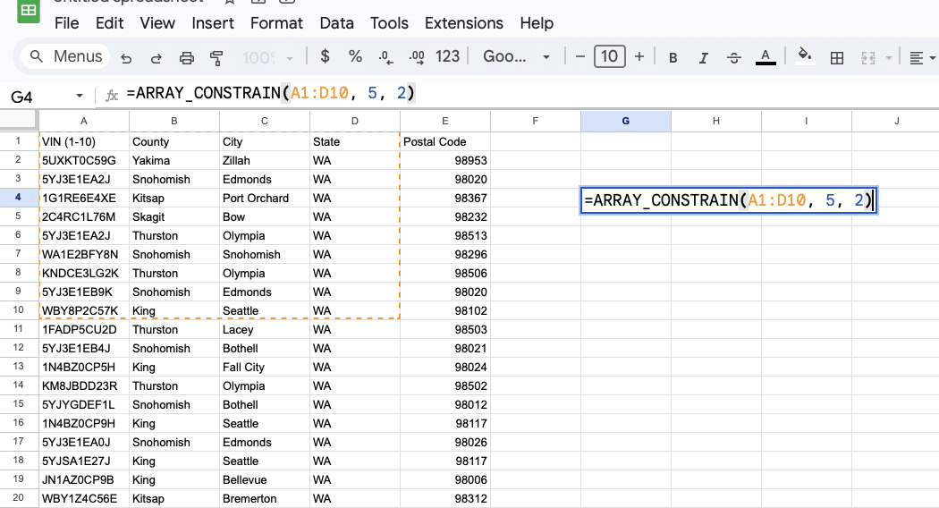 Introduction to the ARRAY_CONSTRAIN function in Google Sheets, highlighting its syntax and basic usage.