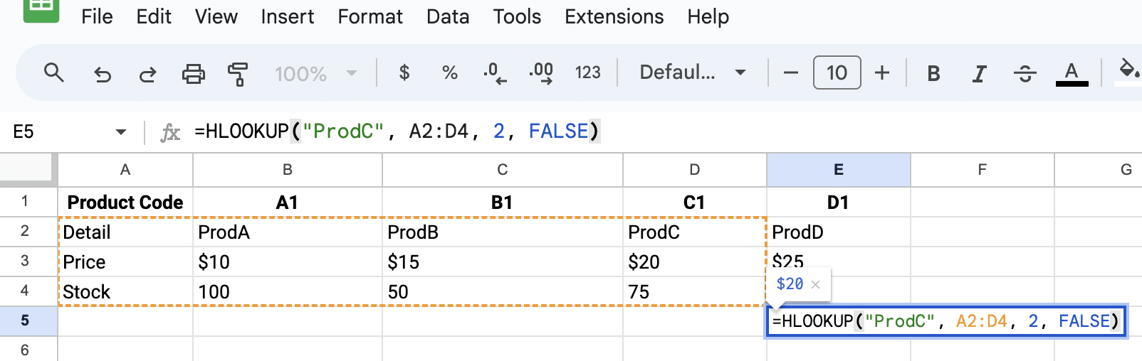 Using HLOOKUP with exact match to find specific data in a row in Google Sheets.