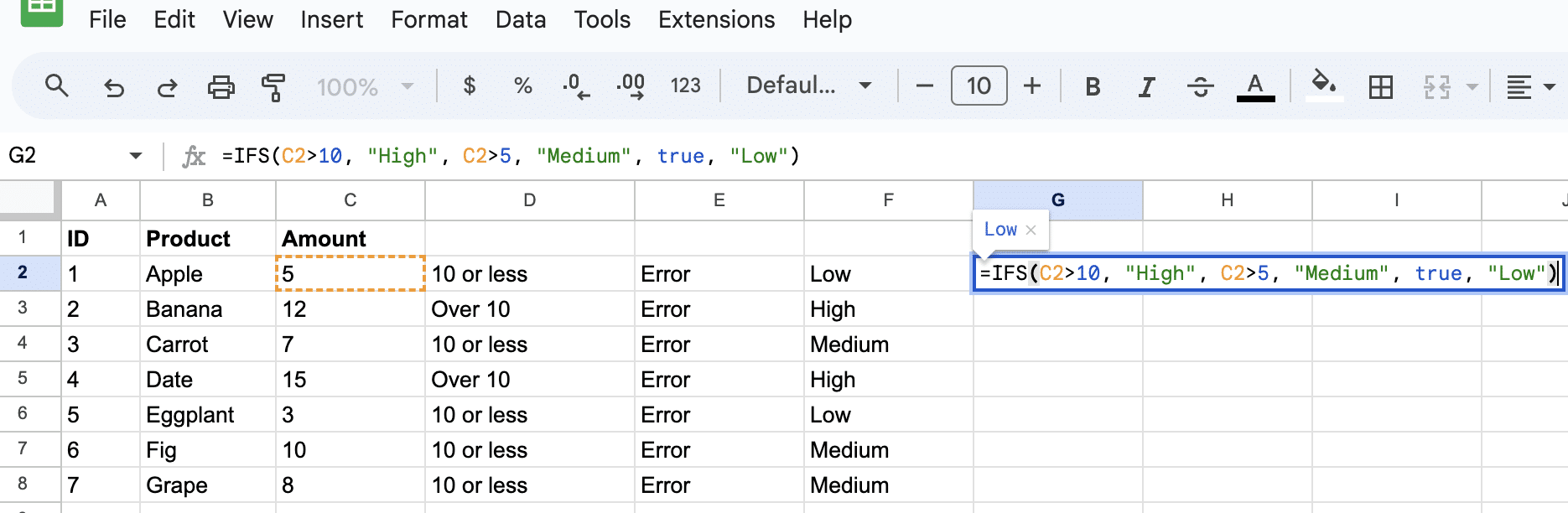 Nested IF and IFS functions for product amount classification in Google Sheets.
